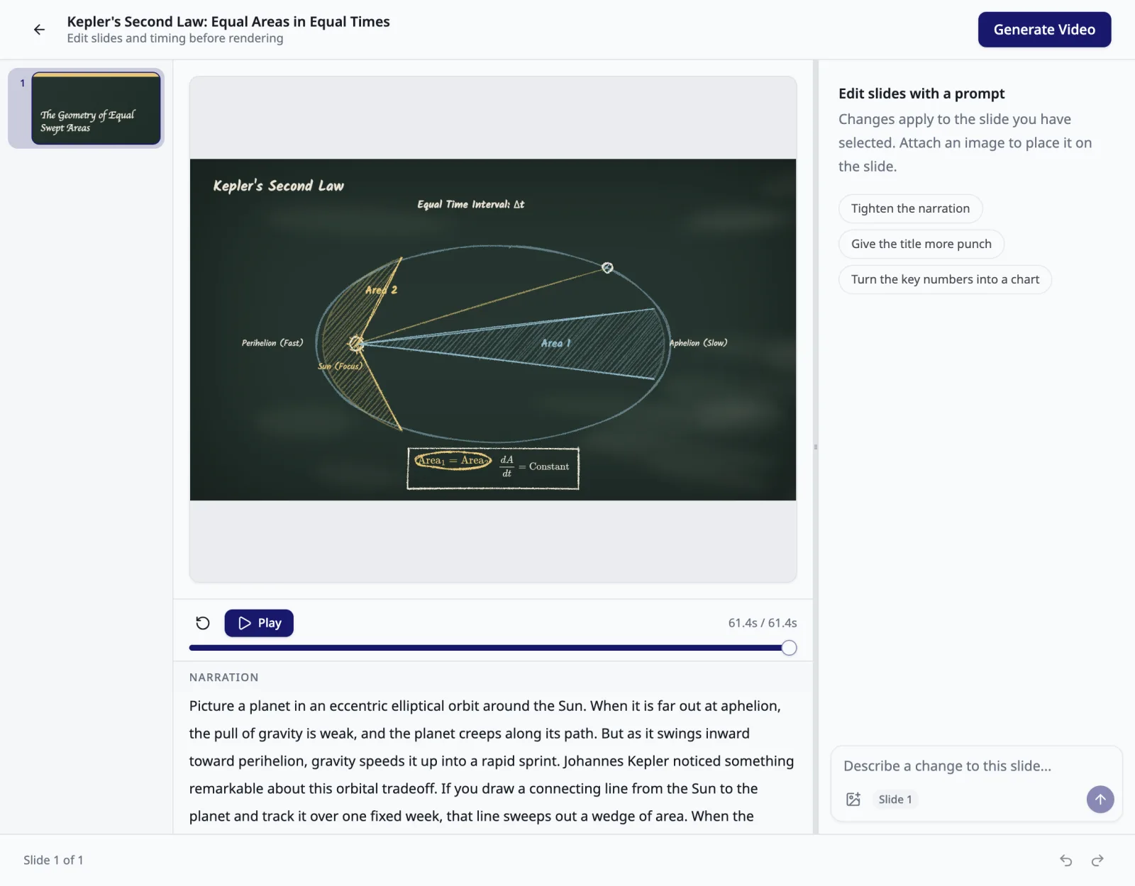 Kinoslide storyboard editor showing a Blackboard explainer slide with its narration